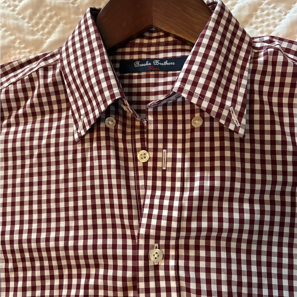 Brooks Brothers Boys Medium Burgundy Checkered Gingham button down dress Shirt